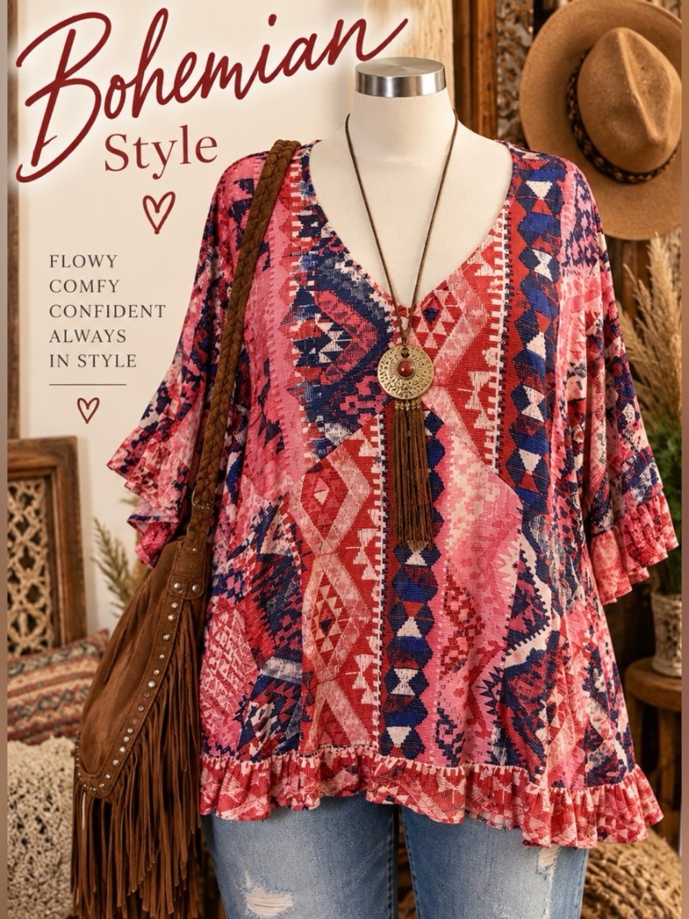Avenue - Pink & Navy Geometric Boho style - Ruffle fisted half Sleeve Tunic